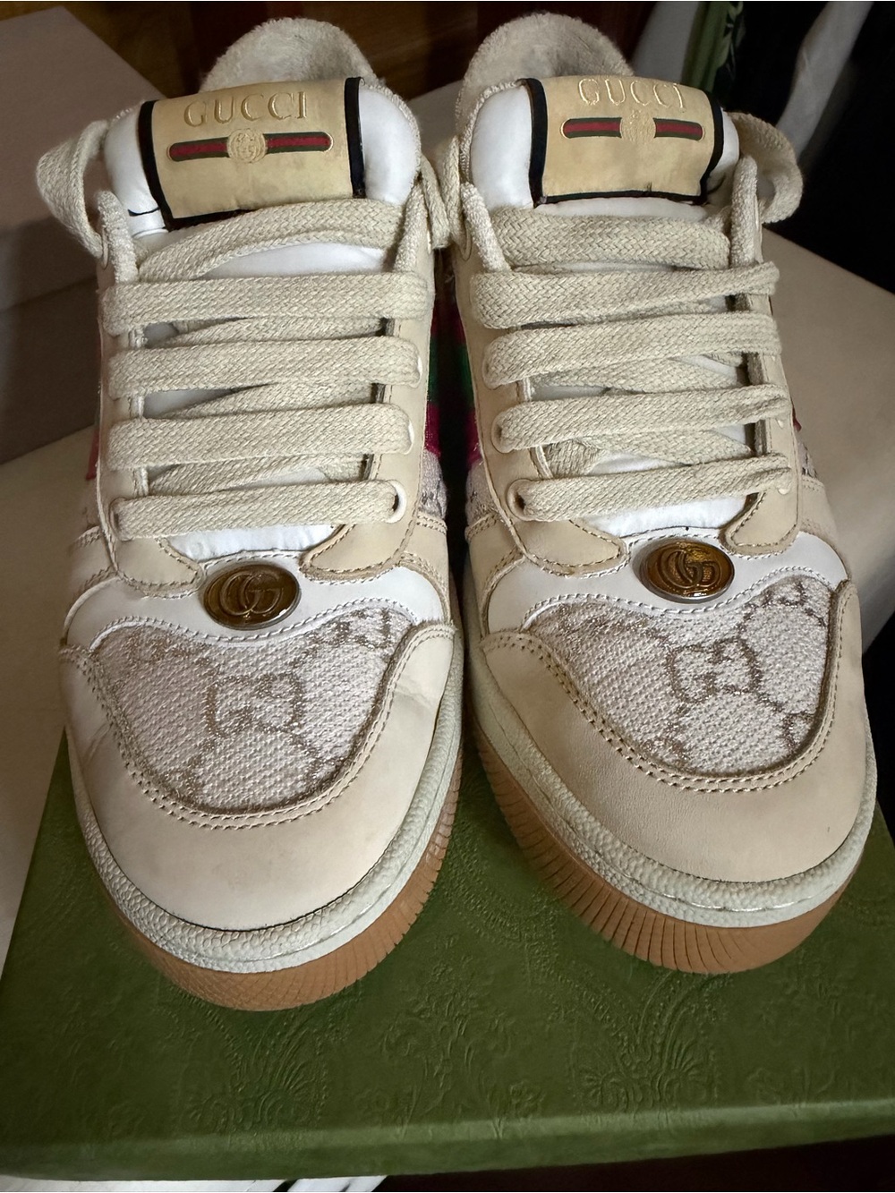 Gucci Cream Beige GG Canvas Low-Top Sneakers